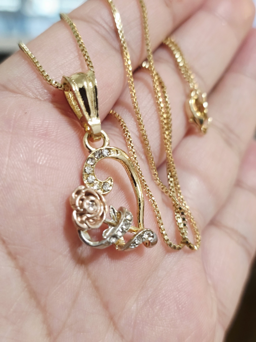 18k Gold Plated Heart Necklace with Rose Accent and Crystal Details